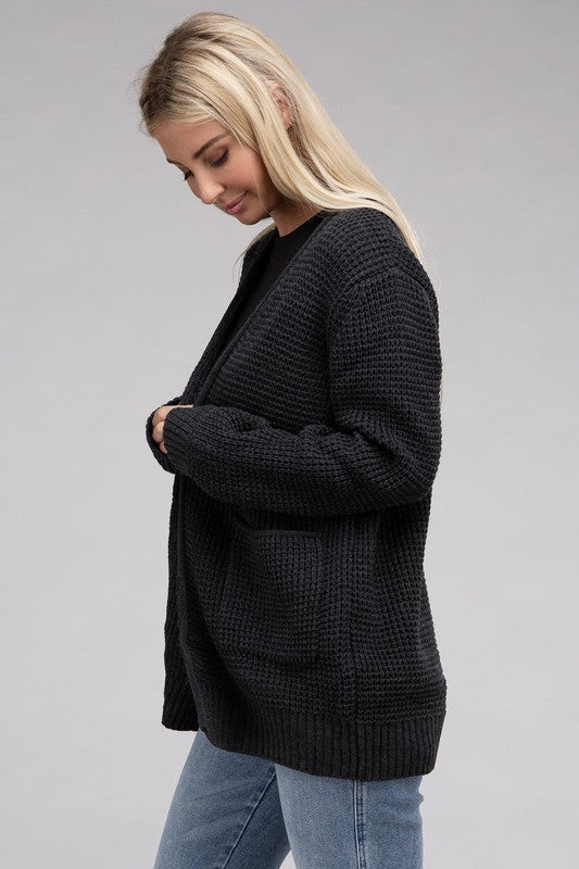 Low Gauge Waffle Open Cardigan Sweater 