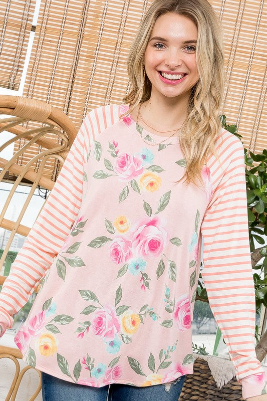 Plus Floral Stripe Mix Baseball Top