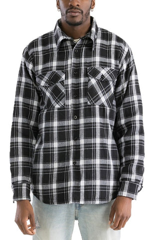 Mens Quilted Padded Flannel - Black/White