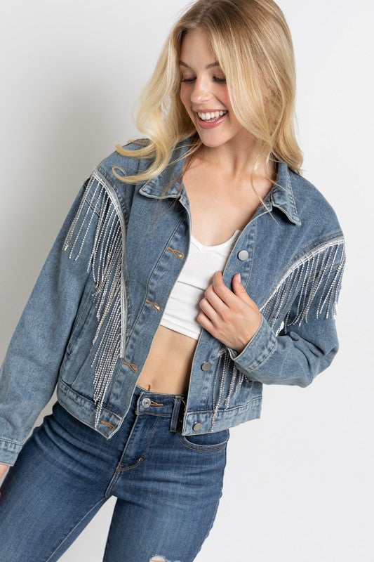 CROP DENIM JACKET WITH RHINESTONE FRINGE