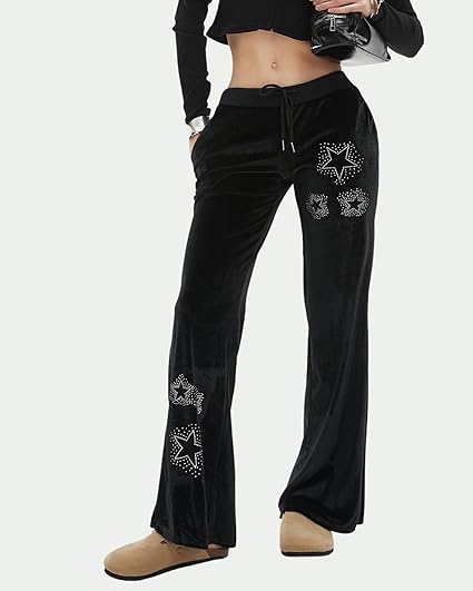 Velvet Star Rhinestone Flare Pants For Women