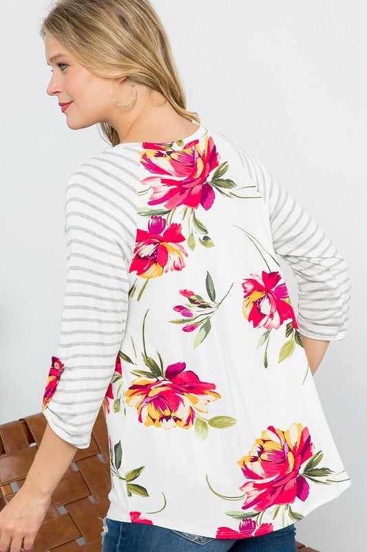 Plus Floral Stripe Mix Baseball Top