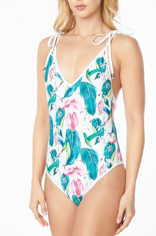 One Piece Bathing Suit Floral Print Shouler Top