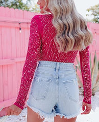 Women Rhinestone Long Sleeve Thong Shirt