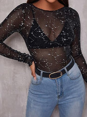 Cowboy Western Outfits Mesh Round Neckline Star Bodysuit