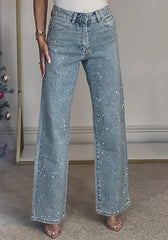 Straight Leg Jeans Rhinestone Denim Pants Glitter Jeans