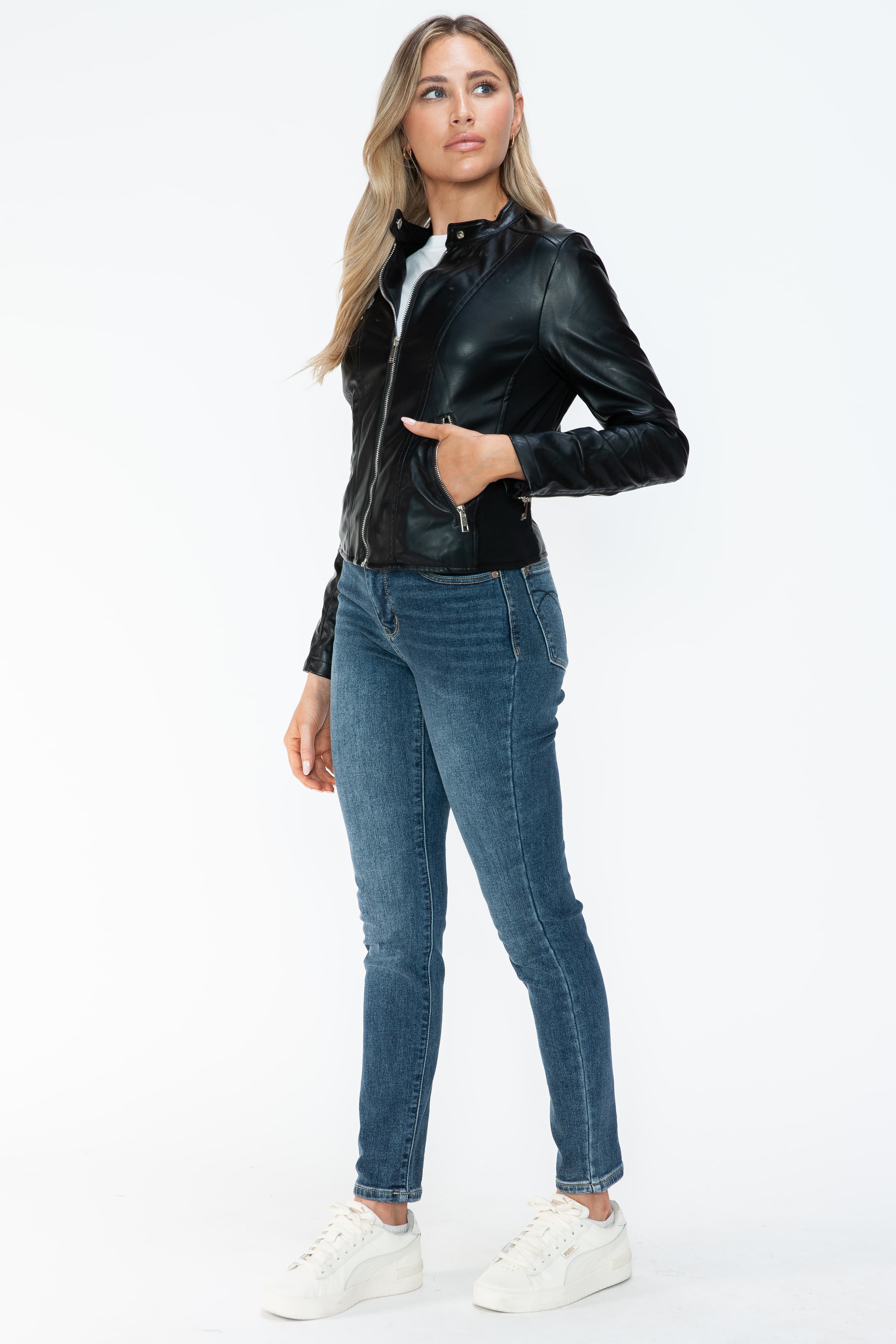 Snobbish PU Leather Zip Up Jacket with Pockets