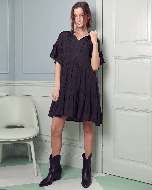 Ruffled Neck Tiered Mini Dress