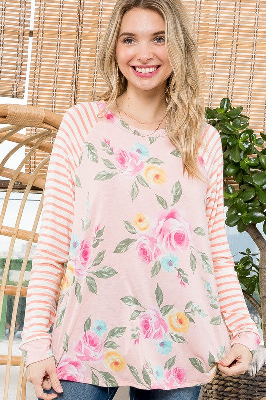 Plus Floral Stripe Mix Baseball Top