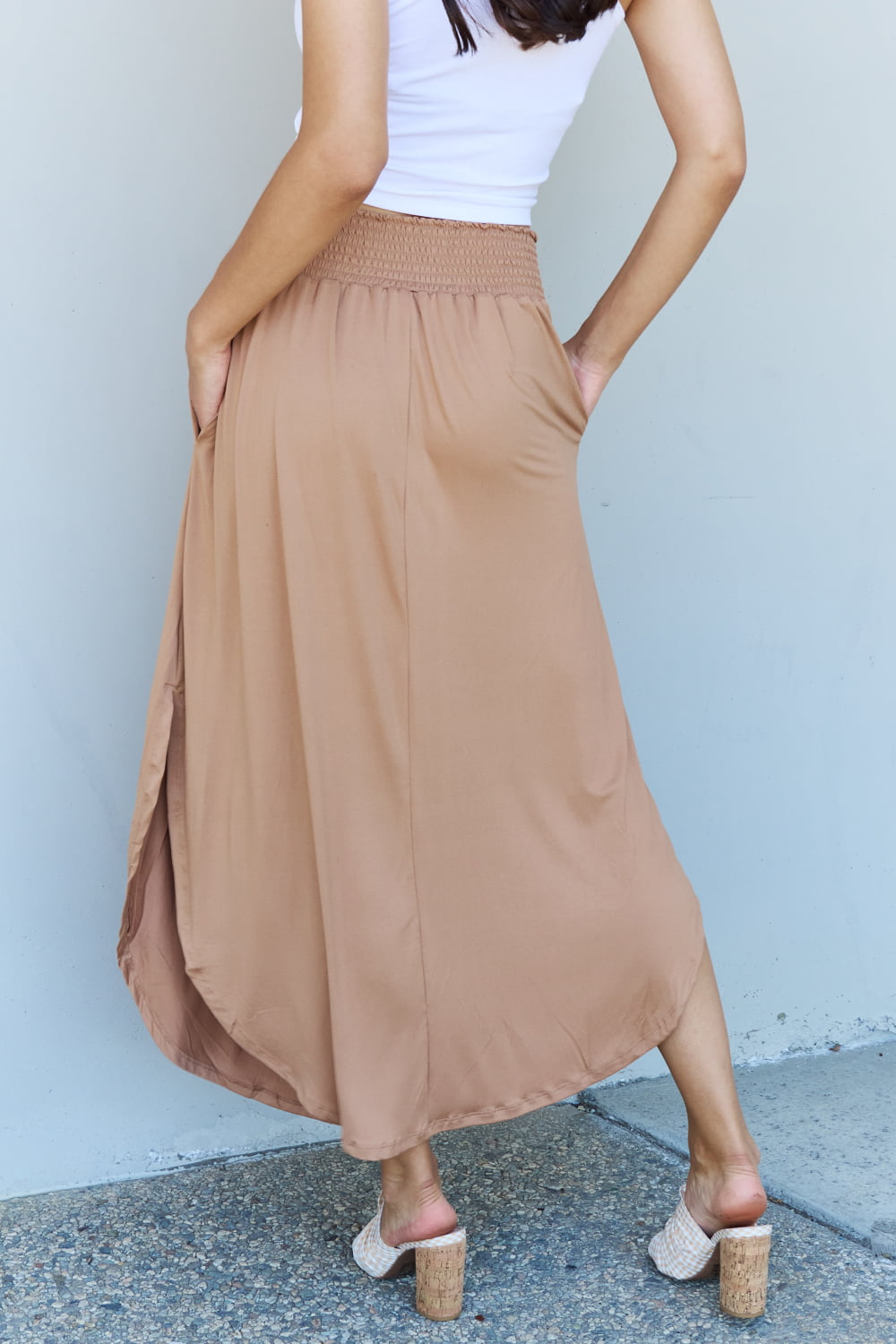 Doublju Full Size High Waist Scoop Hem Maxi Skirt in Tan