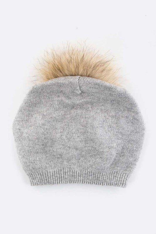 Raccoon Fur Pompom Pre-sewed Slouchy Beanie