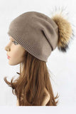 Raccoon Fur Pompom Pre-sewed Slouchy Beanie
