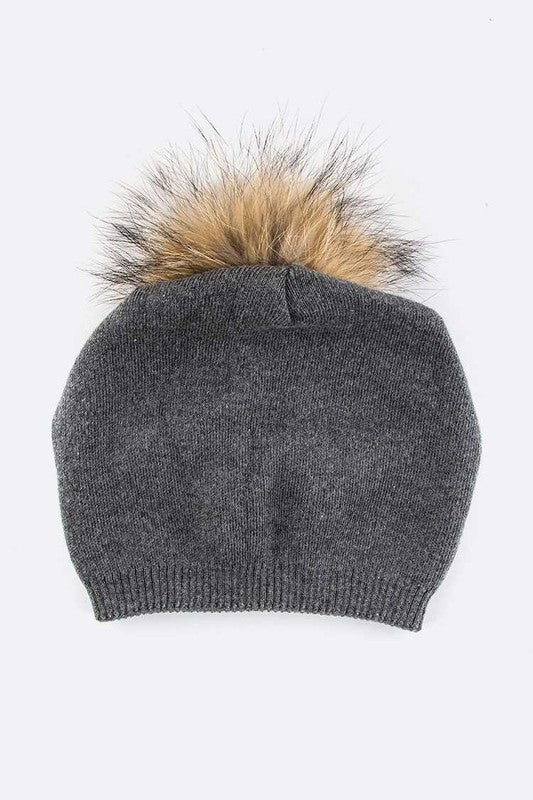 Raccoon Fur Pompom Pre-sewed Slouchy Beanie