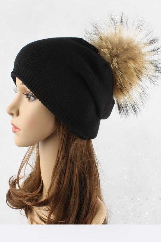Raccoon Fur Pompom Pre-sewed Slouchy Beanie