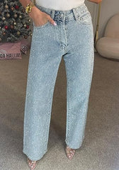 Straight Leg Jeans Rhinestone Denim Pants Glitter Jeans