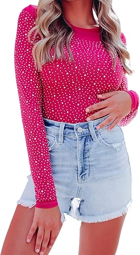 Women Rhinestone Long Sleeve Thong Shirt