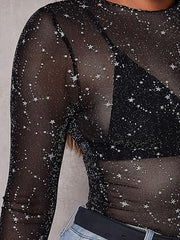 Cowboy Western Outfits Mesh Round Neckline Star Bodysuit