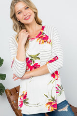 Plus Floral Stripe Mix Baseball Top 