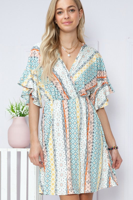 Plus Geometric Short Sleeve Wrap Dress