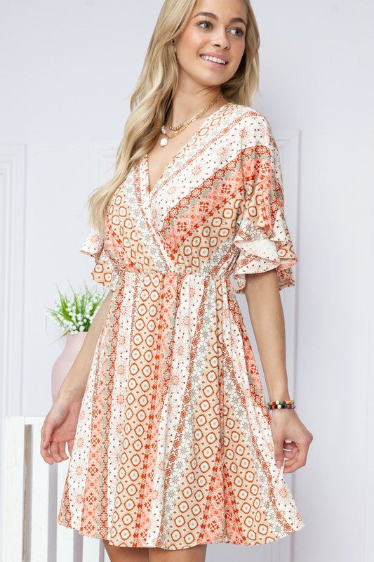 Plus Geometric Short Sleeve Wrap Dress