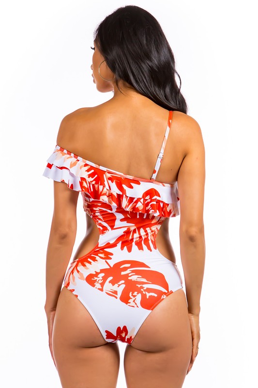Open Sided One Piece Bathing Suit With Ruffled Sho