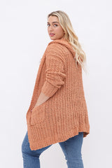 Plus Ribbed Popcorn Knit Long Open Hoodie Cardigan