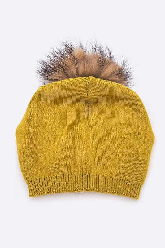 Raccoon Fur PomPom Pre-Sewed Slouchy Beanie