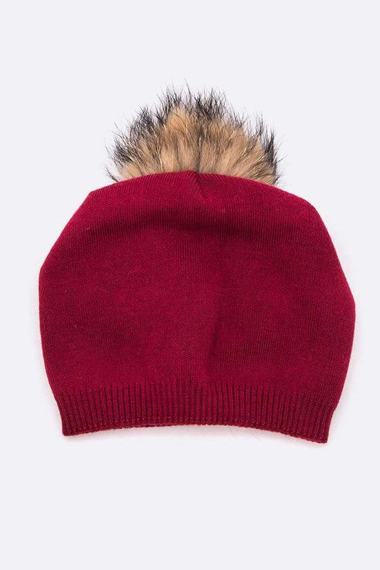 Raccoon Fur Pompom Pre-sewed Slouchy Beanie