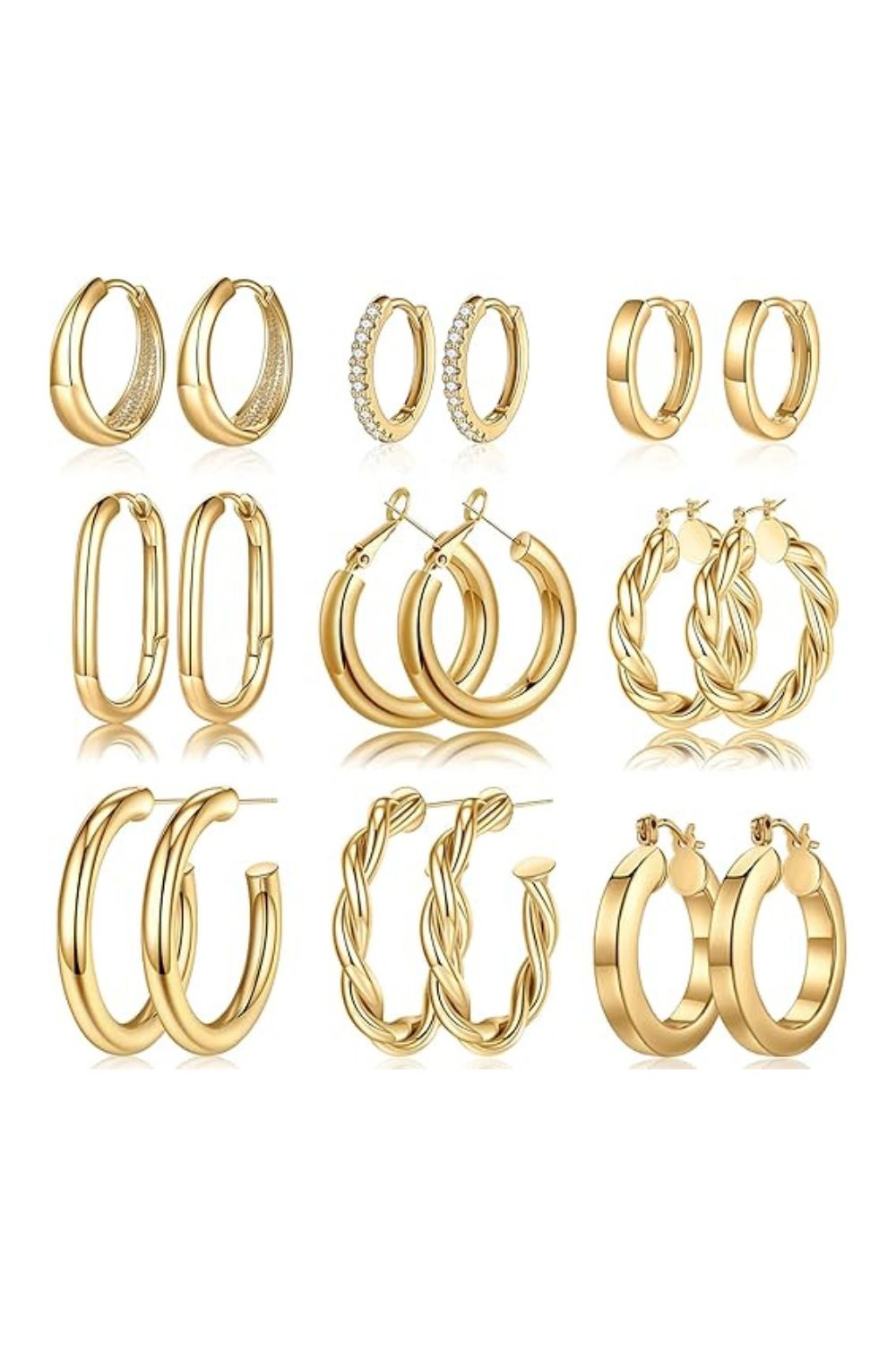 9 Pairs Gold Twisted Hoop Earrings
