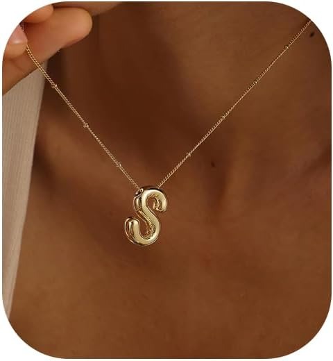 Bubble Gold Letter Necklace 14K Plated Initial Pendant for Women