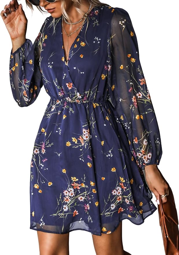 Chiffon Long Peasant Sleeves Flowy Summer Mini Dress