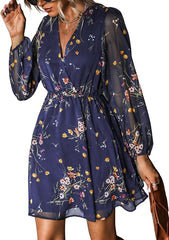 Chiffon Long Peasant Sleeves Flowy Summer Mini Dress