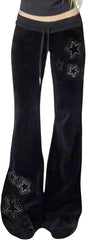Velvet Star Rhinestone Flare Pants For Women