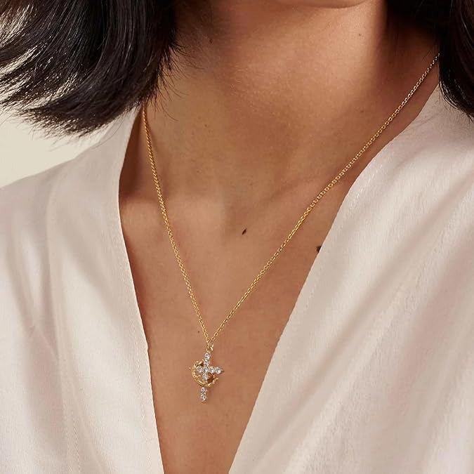 Crown Cross Necklace for Women – 14K Gold Faith Pendant, Mother’s Day Gift