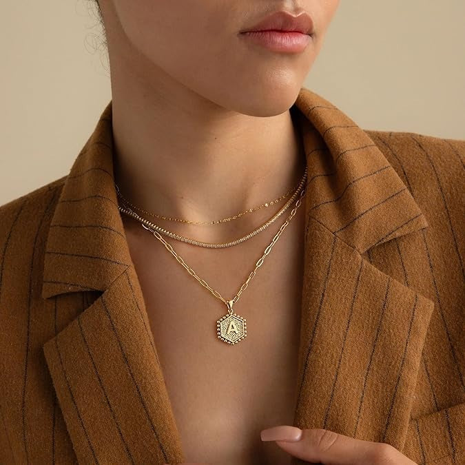 Gold Necklace for Women 14K Hexagon Initial Layered Jewelry Gift