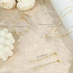 Gold Pearl Jewelry Set for Women – 14K Plated Necklace, Earrings & Bracelet