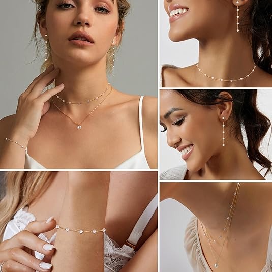 Gold Pearl Jewelry Set for Women – 14K Plated Necklace, Earrings & Bracelet