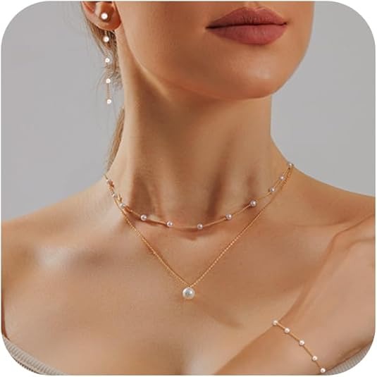 Gold Pearl Jewelry Set for Women – 14K Plated Necklace, Earrings & Bracelet
