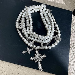 Layered Gothic Cross Pearl Necklace for Women