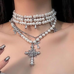 Layered Gothic Cross Pearl Necklace for Women
