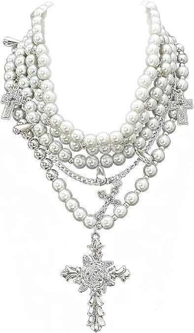 Layered Gothic Cross Pearl Necklace for Women