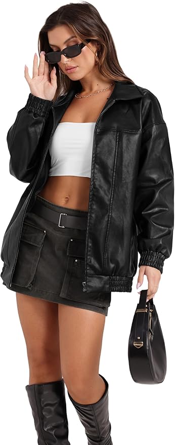 Leather Jacket Women Faux Oversized Motorcycle Bomber