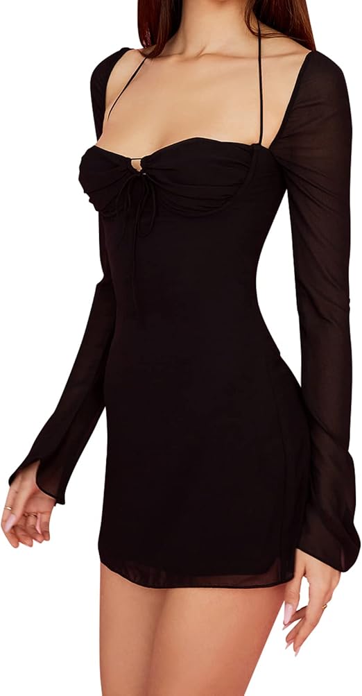 Long Puff Sleeve Mini Bodycon Sweet Neck Party Mini Dresses