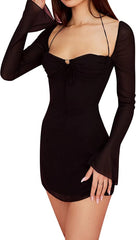 Long Puff Sleeve Mini Bodycon Sweet Neck Party Mini Dresses