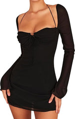Long Puff Sleeve Mini Bodycon Sweet Neck Party Mini Dresses