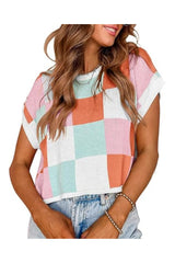 Trendy Women's Cap Sleeve Color Block Crop Sweater