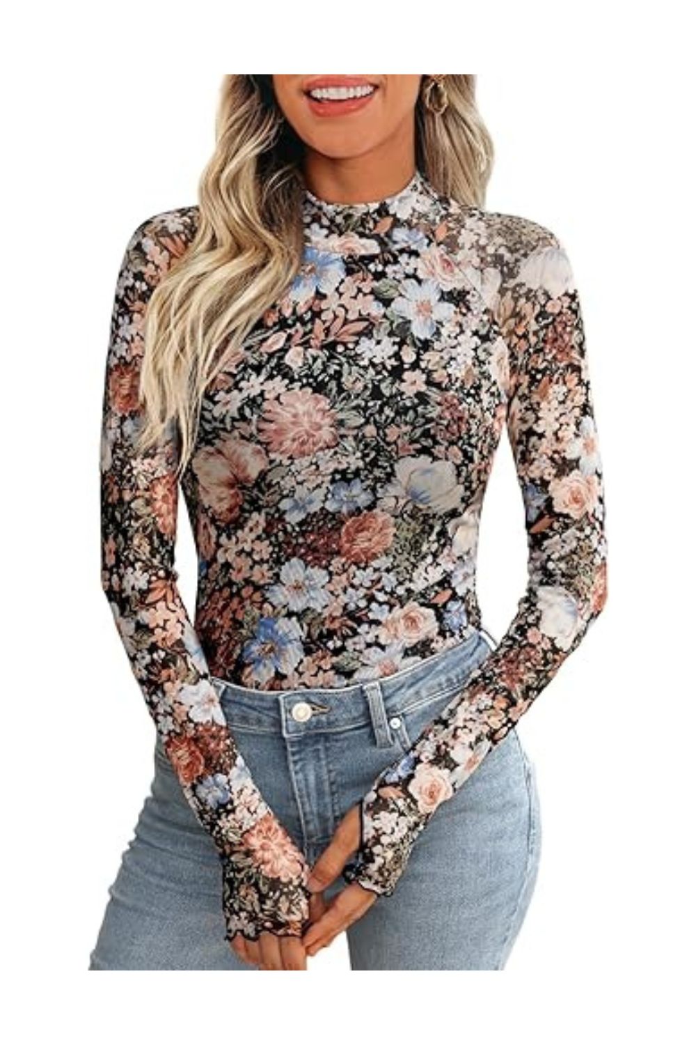 Trendy Women's Lace Long Sleeve Floral Mesh Mockneck Top