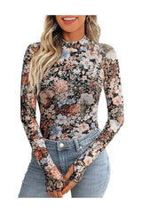 Trendy Women's Lace Long Sleeve Floral Mesh Mockneck Top