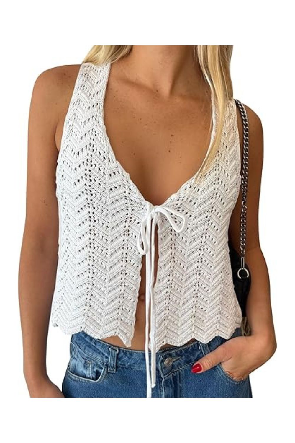 Trendy Women's Crochet Tie Front Beach Vacation Sweater