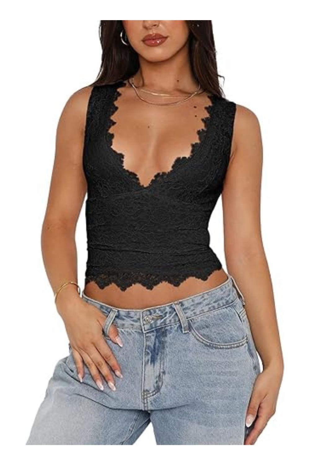 Trendy Women's V-Neck Sleeveless Double-Lined Lace Crop Top